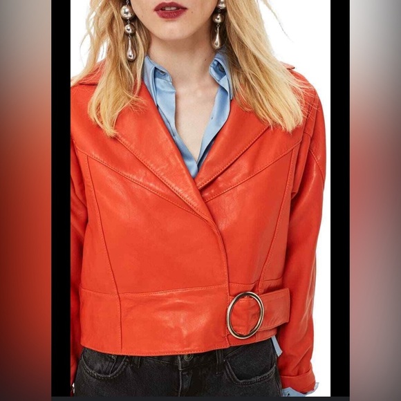 Topshop | Crop Leather Moto Red Jacket 4 US - Picture 1 of 5
